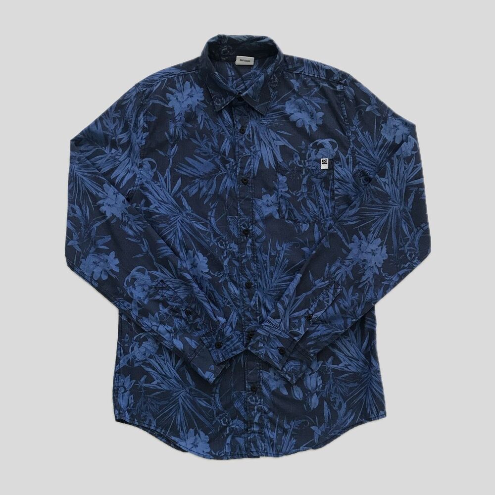 DC Navy Blue Long Sleeve Floral Hawaiian Cotton Skater Shirt Mens Size S
